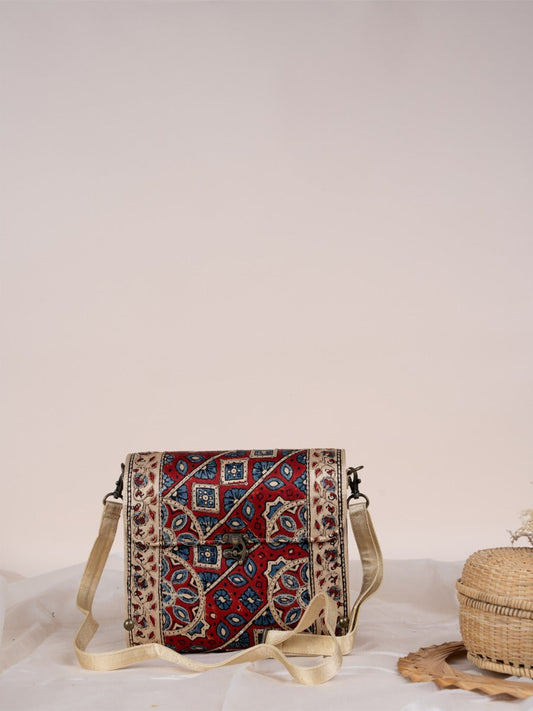 Beige Capsule  Ajrakh  Wooden  Sling Bag