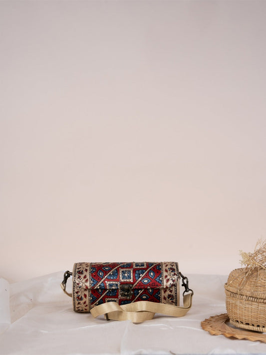 Beige  Round  Ajrakh  Wooden  Sling Bag