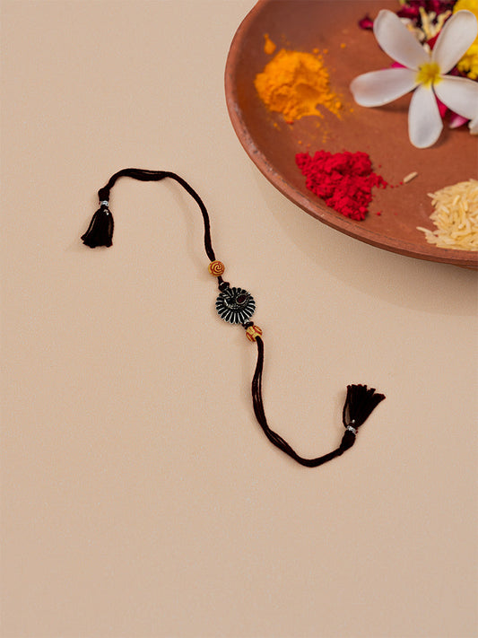 Peacock Ruby Stone Oxidised Metal Rakhi
