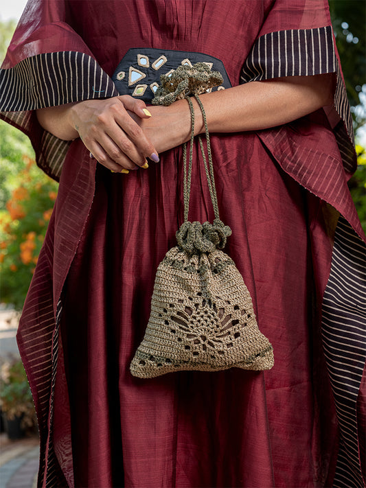Rectangular Doted Crochet Jute Potli